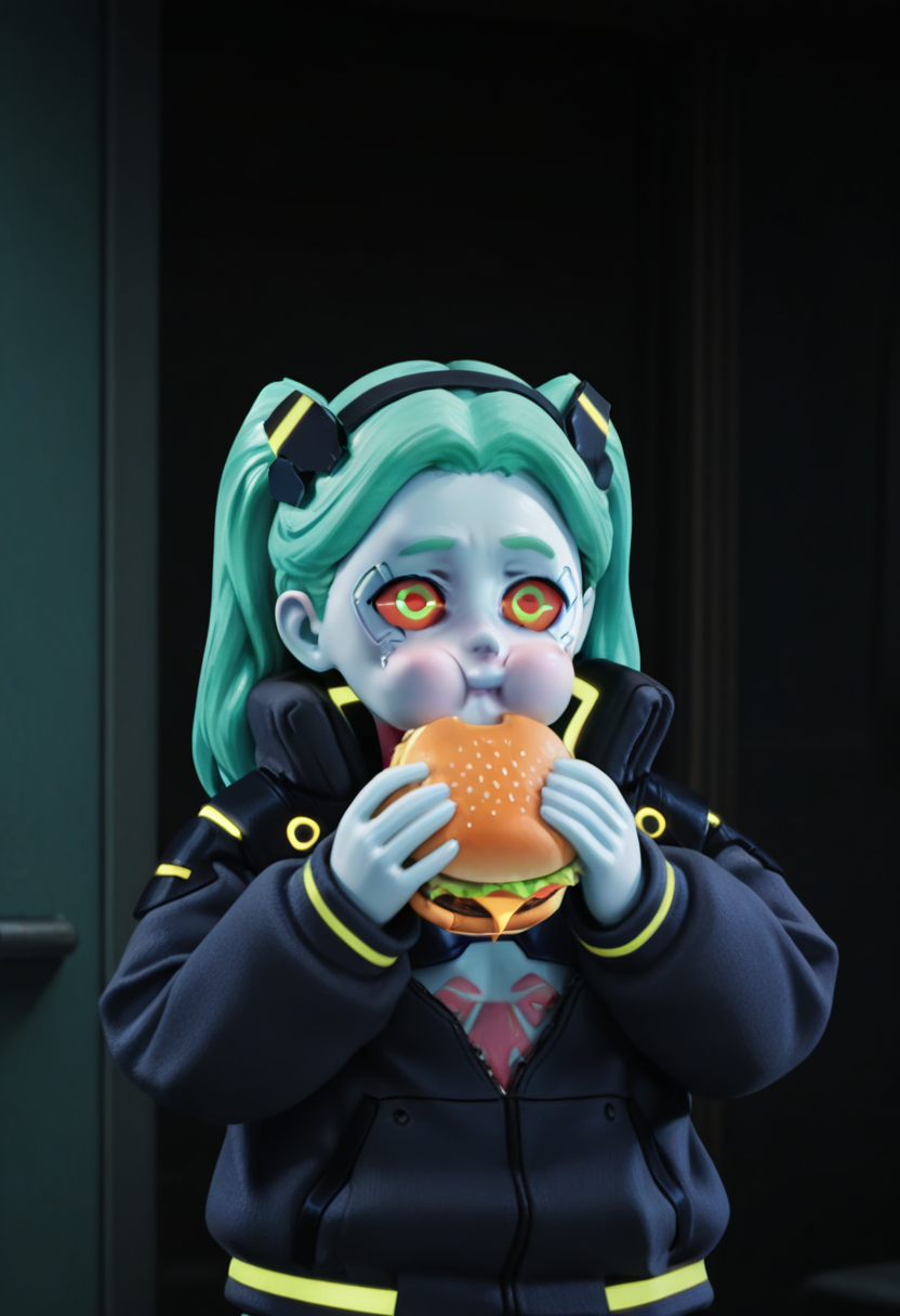 r0b0style, 3d figure,   masterpiece, best quality, solo,                        rebecca from cyberpunk edgerunners, jacket, green hair, cheeks puffed out, holding burger, faceshot