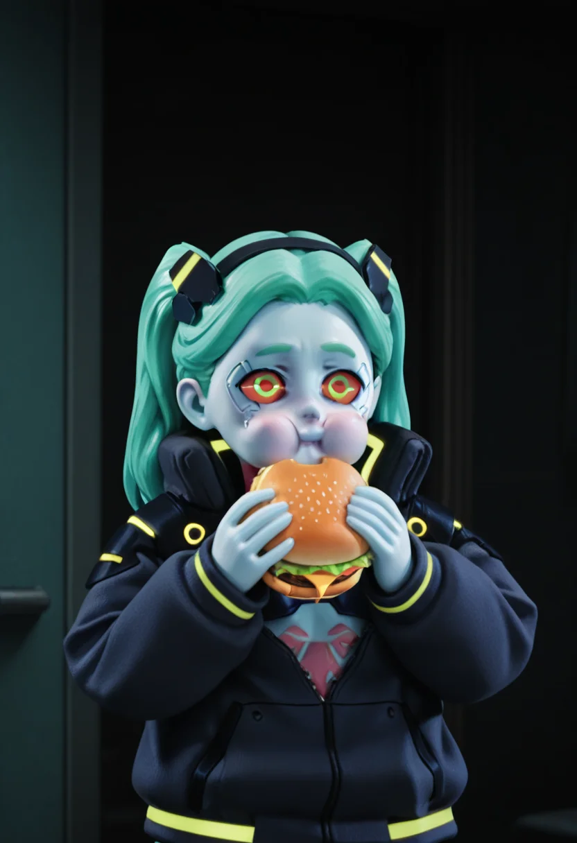 r0b0style, 3d figure, masterpiece, best quality, solo, rebecca from cyberpunk edgerunners, jacket, green hair, cheeks puffed out, holding burger, faceshot