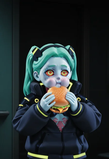 r0b0style, 3d figure, masterpiece, best quality, solo, rebecca from cyberpunk edgerunners, jacket, green hair, cheeks puffed out, holding burger, faceshot
