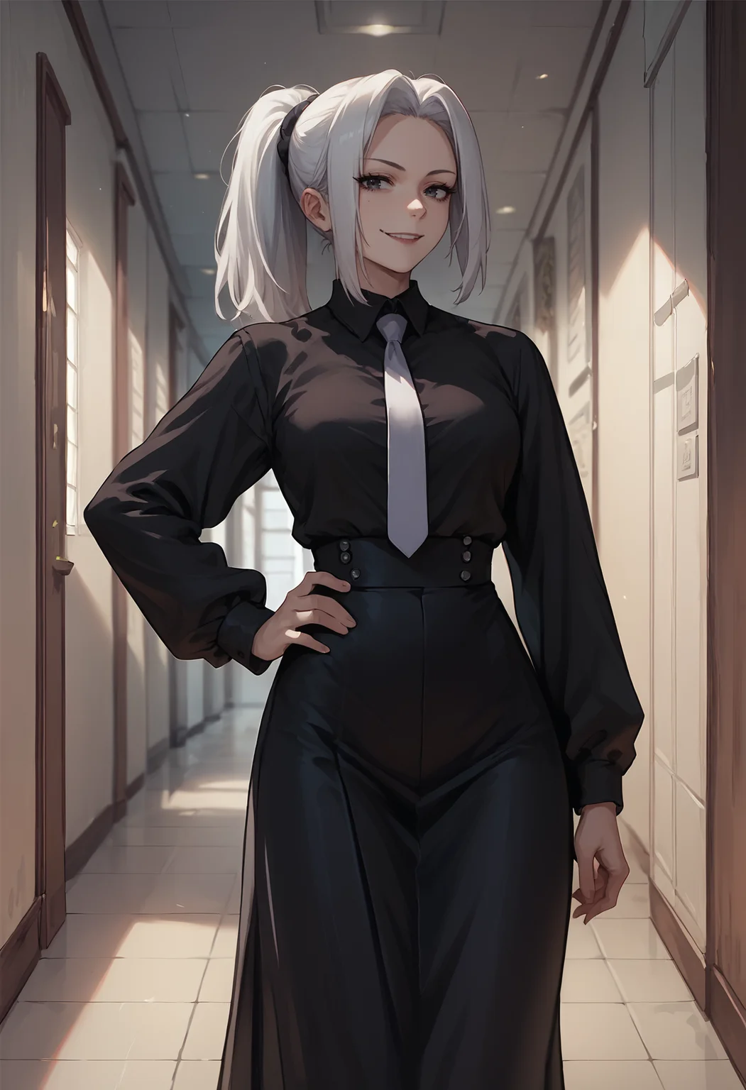 score_9,score_8_up,score_7_up,score_6_up, meimeijjk,  <lora:mei_mei_jjk_v1_pdxl_goofy:1>source_anime, 1girl, smile, looking at viewer, standing, hand on hip, white hair, ponytail, black shirt, white necktie, long skirt, black skirt, indoors, hallway