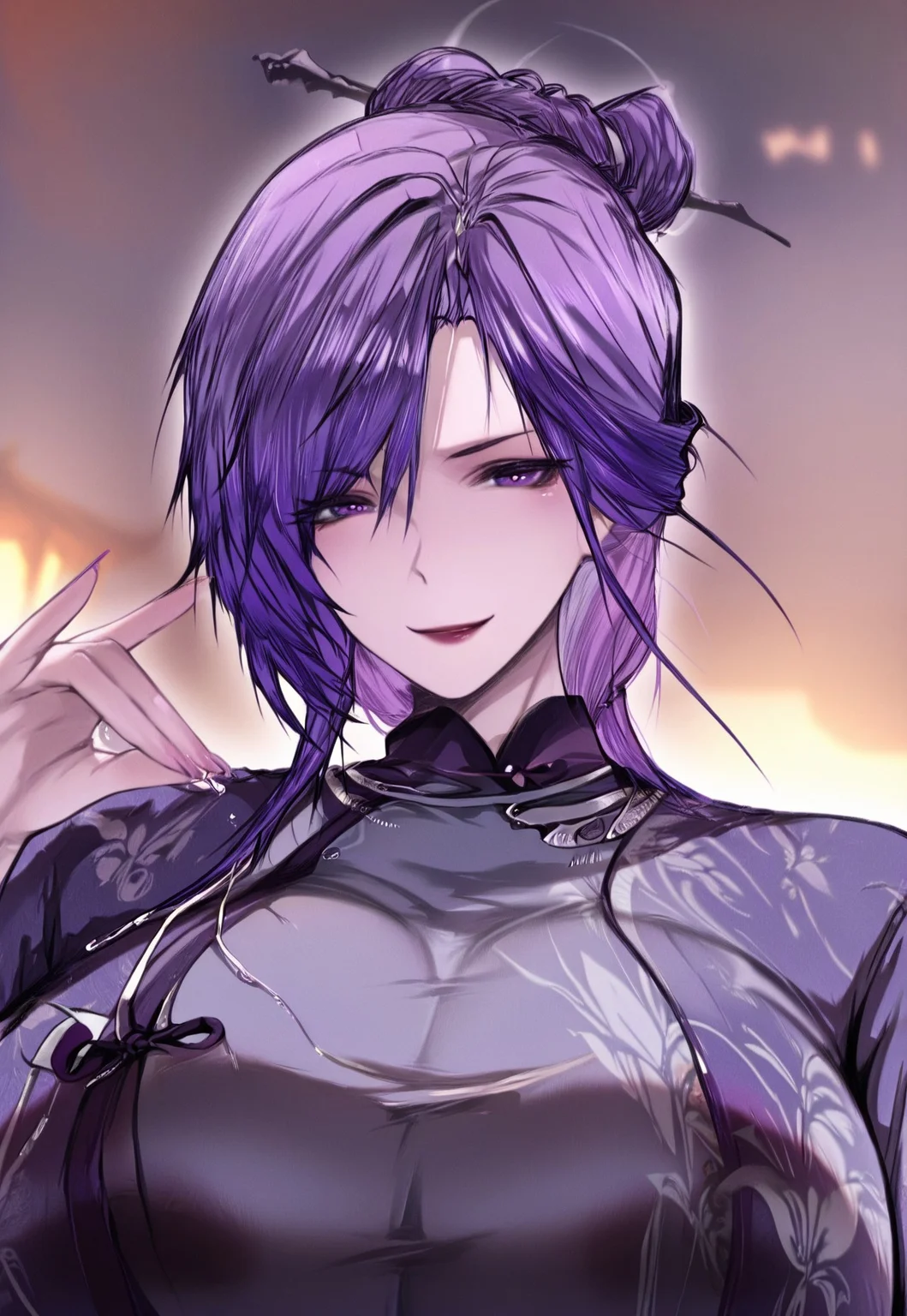 Jun,purple chinese clothes, purple hair,solo, 1girl, purple eyes, detailed eyes, huge breast, upper body, anbiru, hairpin, look at viewer, smile, eye highlight,
masterpiece,best quality,amazing quality,highres