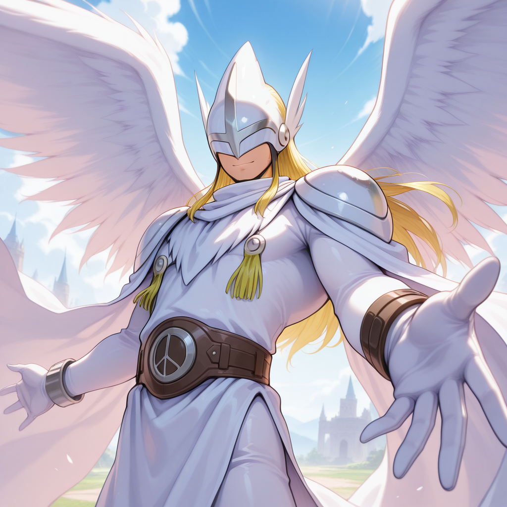 masterpiece, <lora:lordholyangemon-v2-09:0.8> d-lhangemon, digimon (creature), 1boy, outdoors, (white clothes), white (bodysuit), white_winged_helmet, tunic, robe, wings, brown belt, shoulder_pads, white_gloves over clothes, dynamic pose, dynamic angle, male focus, right bracelet, single_white_bracelet, reaching towards viewer, double hand belt, upper body