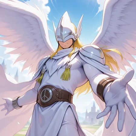 masterpiece, <lora:lordholyangemon-v2-09:0.8> d-lhangemon, digimon (creature), 1boy, outdoors, (white clothes), white (bodysuit), white_winged_helmet, tunic, robe, wings, brown belt, shoulder_pads, white_gloves over clothes, dynamic pose, dynamic angle, male focus, right bracelet, single_white_bracelet, reaching towards viewer, double hand belt, upper body