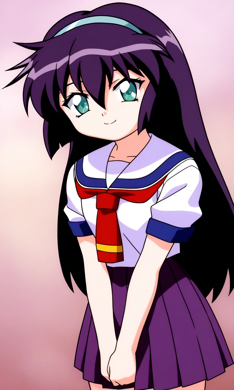 general,highres, ultra-detailed,very aesthetic,best quality ,best hands, BREAK  <lora:Amano_Misao_Pretty_Sammy_IS:1>
Amano_Misao, 1girl, solo, purple hair, long hair, bangs,  light blue hairband, green eyes,  hair between eyes, 
school uniform, purple skirt, short sleeves, pleated skirt, 
sailor collar, red neckerchief,
v arms, 
smile,looking at viewer, cowboy_Shot,