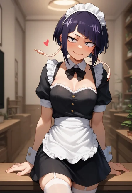 score_9, score_8_up, score_7_up, source_anime, (solo:1.9)
BREAK,
HDA_MasterpieceXL_v.1,
BREAK
1girl:kyouka jiro,  <lora:Kyoka_jiro V:1>,boku_no_hero_academia, blunt bangs, ,((earlobes), (earphone plugs)), purple hair,small hair, black eyes,small breasts,
BREAK
inside, maid cafe, cups, Standing,
BREAK
, cleavage, apron, wrist cuffs, black maid,black skirt, maid headdress, enmaided, smug, White stockings, waitress slippers,pose sexy
BREAK
, hands behind back
BREAK
lust, hearts in the pupils, euphoria