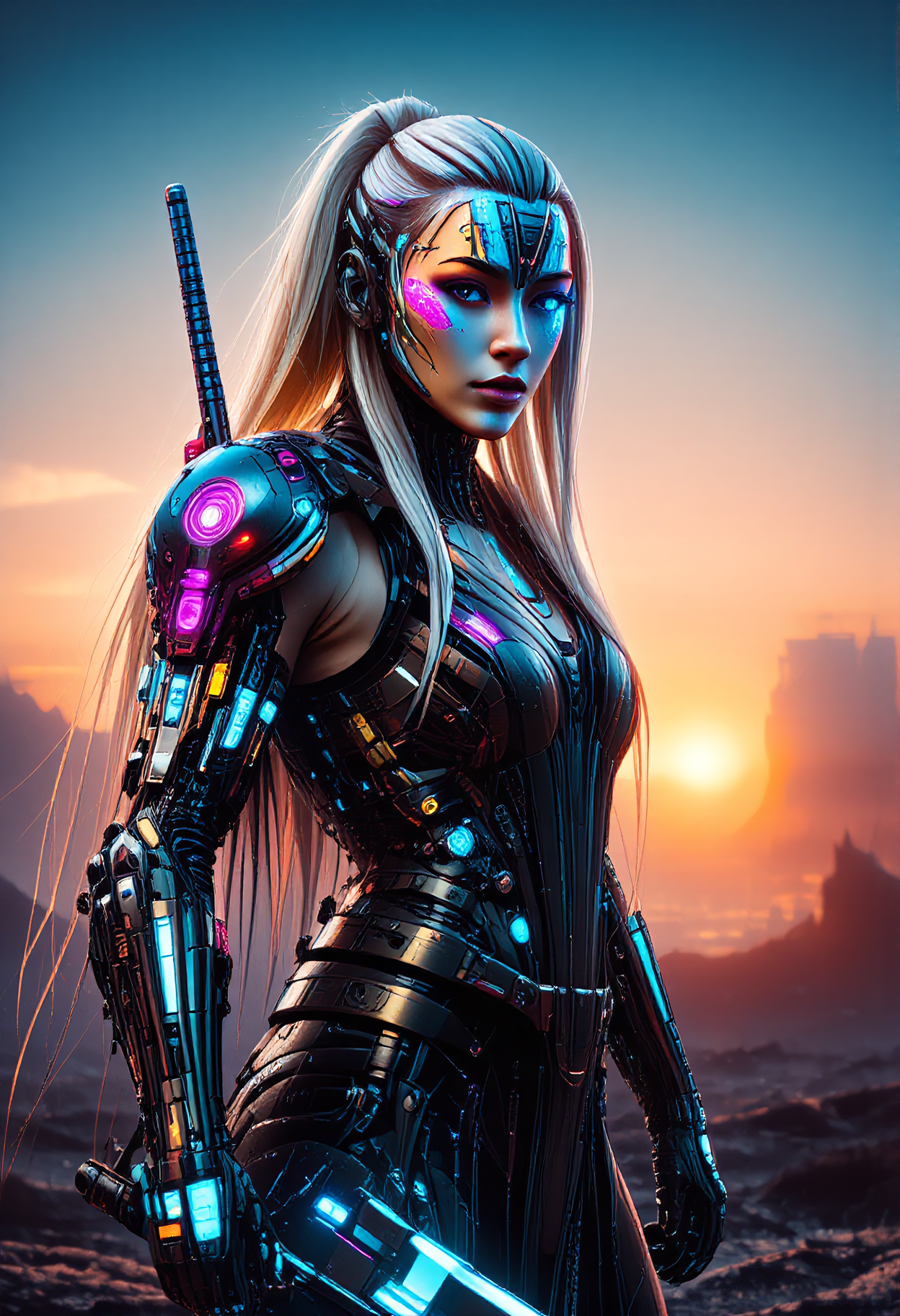 vikingpunk style, As the last sliver of the sun dips below the horizon, casting the world in a soft, warm glow, a augmented cyberpunk cybernetic Viking woman stands tall and proud against the dying light. A sleek high-tech longship shimmers in the twilight. Wearing futuristic viking power armor, and weilding a plasma battle ax and shield. Her long bleach blonde hair cascades down her back. Her heterochromia eyes captivate the viewer, with a mechanical, dimly lit right eye and a natural human left eye that holds the ancient wisdom of untold secrets and sagas. Her crystalline mechanical arms glint in the fading light, a testament to her fusion of technology and ancient Nordic magic. . Nordic and Viking-inspired aesthetic with armor elements, mechanical enhancements, and futuristic technology, detailmaximizer, max details,