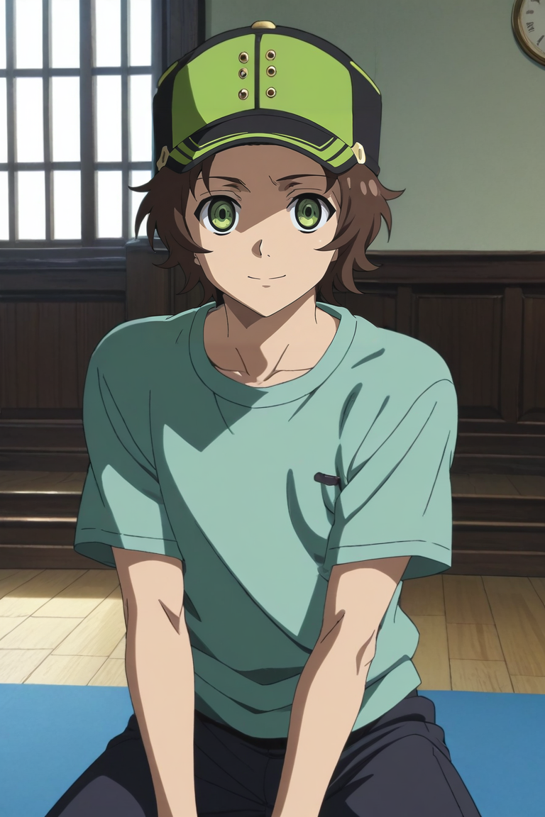 score_9, score_8_up, score_7_up, source_anime, rating_safe, intricate details, anime screencap, anime coloring, , looking at viewer, , 1boy, solo, male focus, <lora:yoichi_saotome_pony:0.88>, yoichi_saotome, brown hair, green eyes, short hair, hat, straight-on, fantasy land, indoors, dark, yoga, half-closed eyes, smile, , <lora:sdxl_lightning_8step_lora:1>