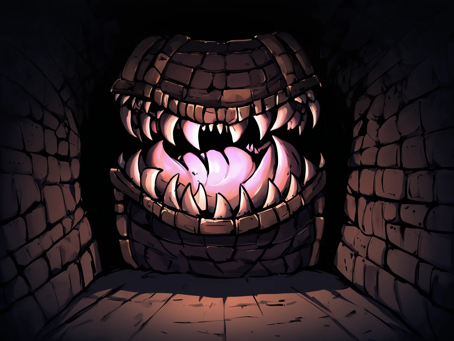 solo small mimic in a low lit room, large dungeon in background, 
<lora:Mimic_ani3.1_XL:0@0,1@0.3>
