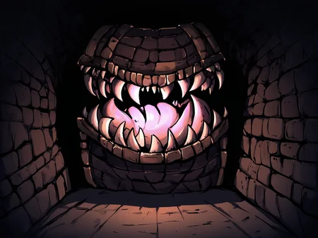 solo small mimic in a low lit room, large dungeon in background, 
<lora:Mimic_ani3.1_XL:0@0,1@0.3>
