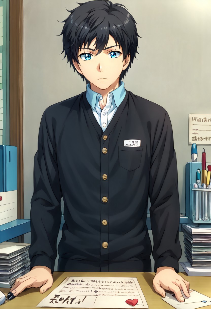 high resolution, solo, best quality, 1Boy, Arata Kaziaki, Black Hair, Blue Eyes, Writing a letter, stationery, heartfelt, personal,
