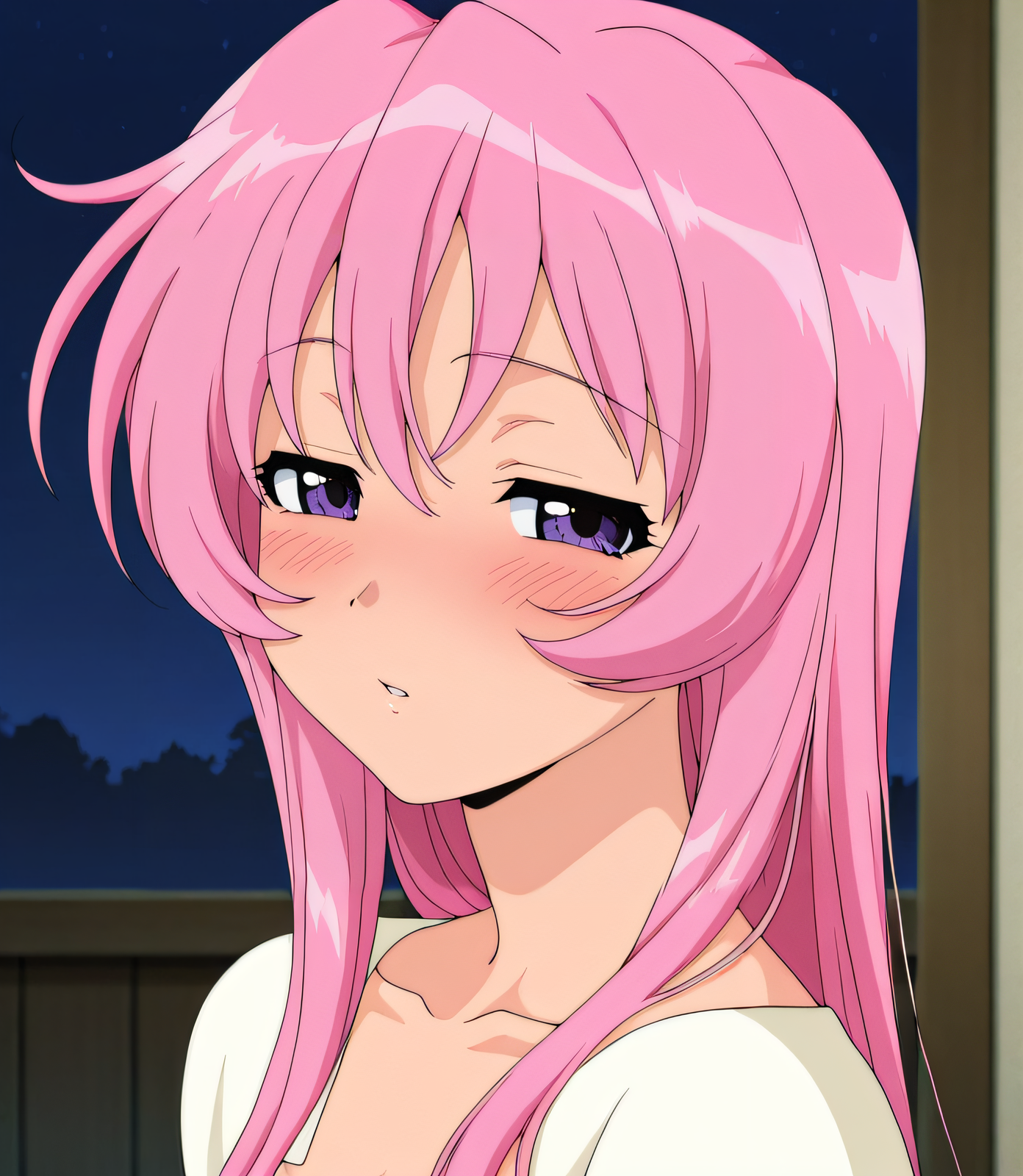 masterpiece, best quality, highres, newest, 1girl, solo, official style, anime screencap, <lora:Kurumi:1>, kurumi, pink hair, purple eyes, hair down, collarbone, parted lips, blush, narrowed eyes, upper body, from side, looking at viewer, side view