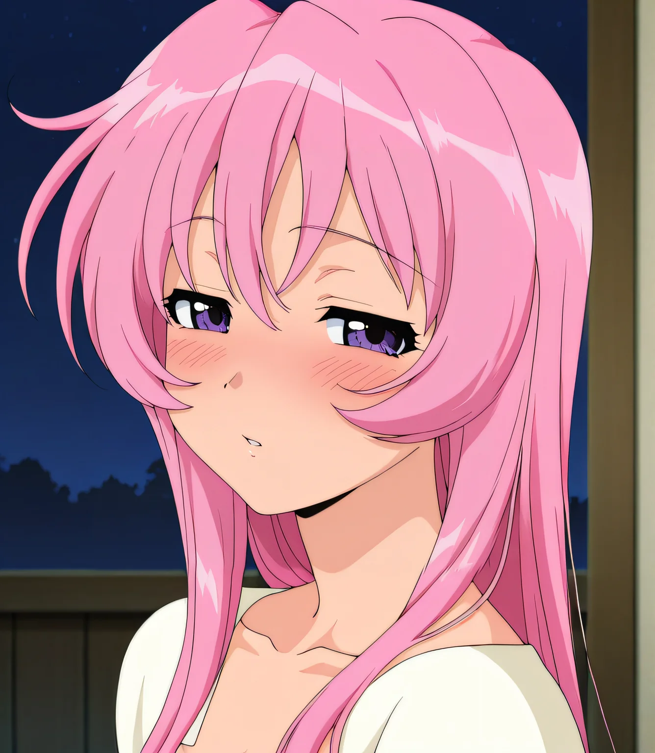 masterpiece, best quality, highres, newest, 1girl, solo, official style, anime screencap, <lora:Kurumi:1>, kurumi, pink hair, purple eyes, hair down, collarbone, parted lips, blush, narrowed eyes, upper body, from side, looking at viewer, side view