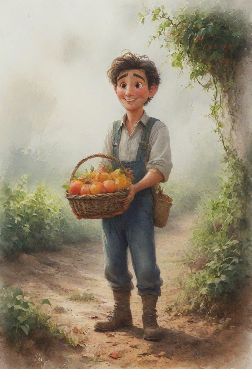 A full bodyA farmer with a fruit basket in his hand-ilustration watercolor cartoon-mysterious -illustration for childrens-whitout background,  <lora:Cute_3D_Cartoon:0.8>,  <lora:Desolation:0.5>