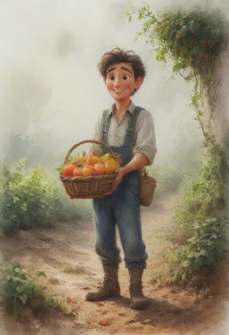 A full bodyA farmer with a fruit basket in his hand-ilustration watercolor cartoon-mysterious -illustration for childrens-whitout background,  <lora:Cute_3D_Cartoon:0.8>,  <lora:Desolation:0.5>