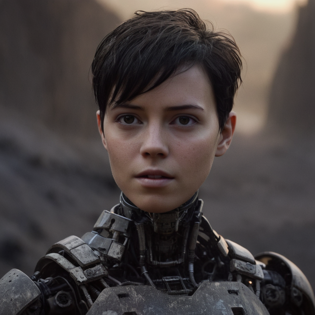 cinematic film still of  <lora:LoDe+Ro style:1>
a woman with a half robot android face covered in dirt,solo,looking at viewer,short hair,black hair,1boy,closed mouth,upper body,male focus,blurry,depth of field,blurry background,portrait,realistic,mechanical parts,LoDe+Robots Style,Love Death + Robots style,Love,Death & Robots style,animated,horror,dark,black,apocalyptic,dystopian,domination,hell,half android half human,humanoid , dramatic light, cyberpunk, LoDe+Ro style, shallow depth of field, vignette, highly detailed, high budget, bokeh, cinemascope, moody, epic, gorgeous, film grain, grainy