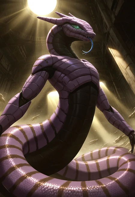DonMX3n0T3chXL, anthropomorphic_snakes_(naga), futuristic robot snake, fully metal snake, mecha snake, giant mech robot snake, standing tall, Naruto_Manda, snake, slit pupils, green eyes, purple body, body markings, black eye markings, 2 pair of horns, black belly scales, blue tongue, forked tongue, low angle, dramatic lighting, volumetric lighting, ruined city background, detailed background, ruined sky scrapers in background, destroyed city background,