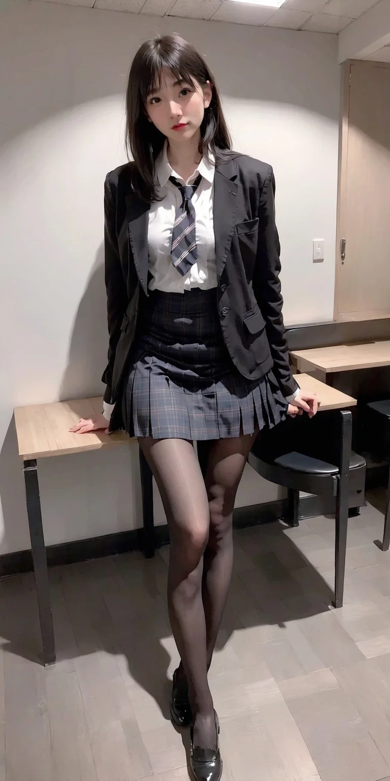 <lora:cute_girl_xl_v1:0.6>, <lora:pantyhose_xl_v1:0.6>,
(((high fade))), ((black_pantyhose:1.3)),
1girl, solo, skirt, necktie, plaid skirt, jacket, shirt, indoors, black footwear, long hair, standing, plaid, white shirt, shoes, school uniform, black jacket, full body, looking at viewer, pleated skirt, shirt tucked in, long sleeves, black hair, striped necktie, loafers, striped, brown eyes, blazer, open clothes, collared shirt, open jacket, lips, miniskirt, black hair, black pantyhose, hand in pocket, bangs, parted bangs, arm behind back, legs, black necktie, computer, blurry, wooden floor, long legs