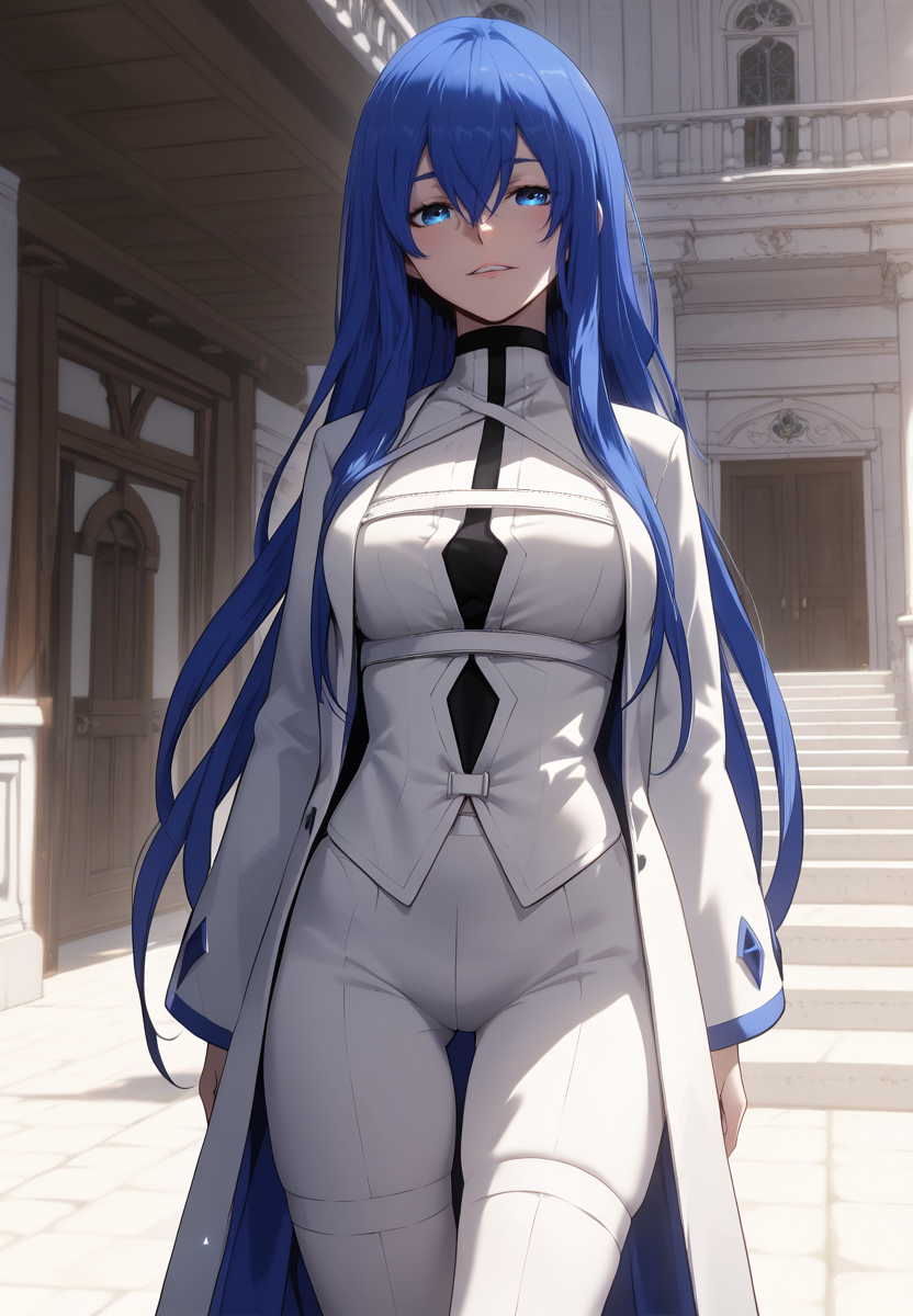 zPDXL3, score_9_up, score_8_up, score_7_up, (Anime_source),Masterpiece,(perfect female body:1.2), small waist, (incredibly detailed:1.4), slim, beautiful fingers, beautiful white skin, Beautiful clear skin, (large breasts:1.4)  thighs, looking at viewer, big breasts,  <lora:Pridya_-_The_Priest_of_Corruption-Kaleid_PONY:0.9> pridya, 1girl, blue eyes, blue hair, long hair, hair between eyes, coat,