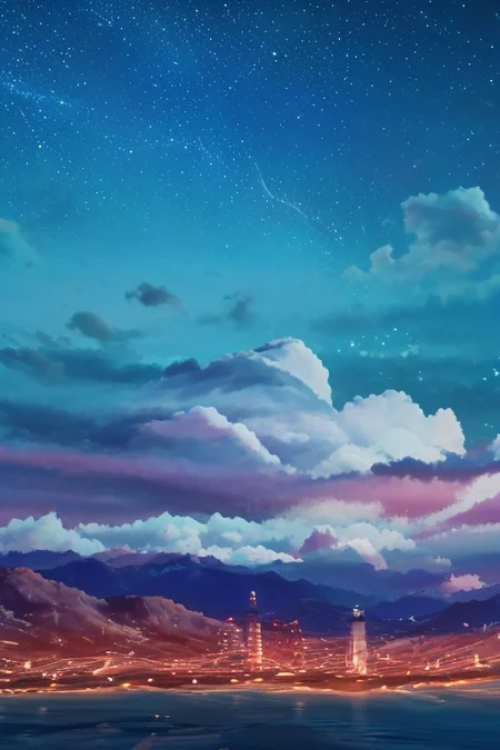 (masterpiece, best quality:1.4), high res, dramatic, scenery, large area sky, starfall, night, sky, stars, <lora:conceptBetterSky_sky:0.7>, puffy clouds, water surface, 3DMM mountain,  <lora:Detailed_Places_R-128_v1:0.7>