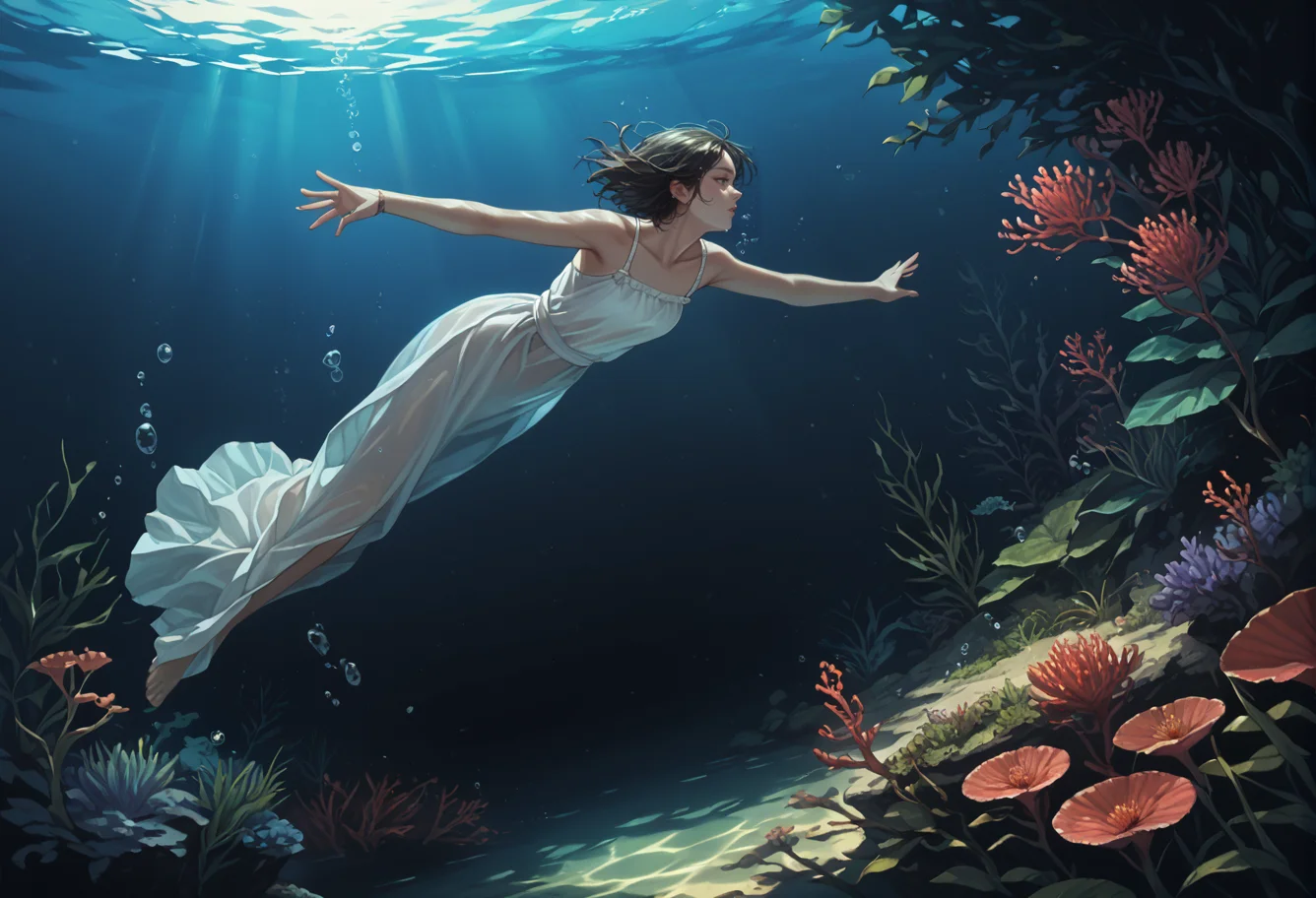 ,ruanyi0778,submerged,underwater,plant,glowing,<lora:0778 submerged_v1_pony:1>, score_9,score_8_up,score_7_up,,8k,1girl,solo,