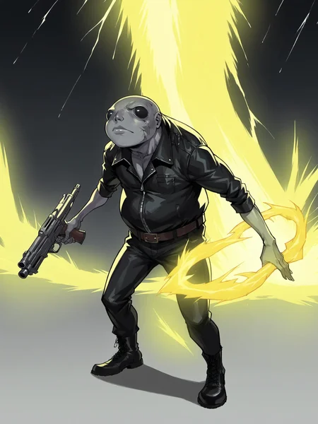 score_9, score_8_up, score_7_up, score_6_up,
BREAK
muscular, looking at viewer, standing <lora:er_albinauric:1>, er_frogman, monster, grey skin, black eyes
BREAK
black leather jacket, black pants, belt, black leather boots, ki aura, blue electricity, yellow aura, aura, energy, around, holding huge weapon, huge gun
BREAK
wide shot, cowboy shot, night sky, night, thunderstorm, earthquake, wasteland, nature front perspective, <lora:supersaiyanauraXL3:1.3> supersaiyanaura