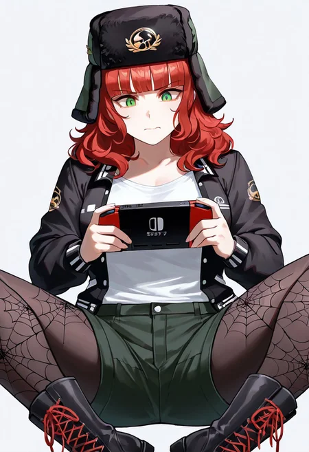 , (score_9, score_8, score_7), masterwork, masterpiece, best quality, beautiful face, detailed face, beautiful eyes, detailed eyes, cassidy01,1girl, red wavy hair, shoulder-length hair, blunt bangs, green eyes, pale skin, black ushanka hat with green ear flaps, golden emblem on hat, white t-shirt, black and white varsity jacket, dark green shorts, black pantyhose with spiderweb pattern, black combat boots with red shoelace, sitting, holding a handheld game console, both hands on controller, looking at screen, focused expression, portable gaming device, playing a video game, indoor setting