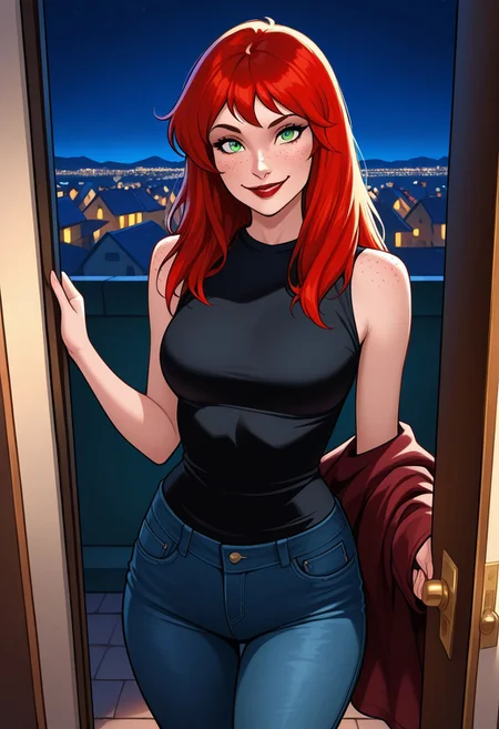 masterpiece, best quality, MJWatson, red hair, green eyes, freckles, red lips, black top, sleeveless, denim jeans, cowboy shot, 1girl, solo, jacket removed, holding jacket, doorway, standing, outside, night, looking at viewer, confident, smile, open door, town,
