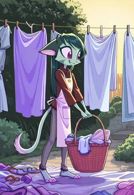 score_9, score_8_up, score_7_up,lilith_calah,
1girl,solo,furry,tail,dark green hair, source_furry,
,<lora:lilith_calah_illustrious:0.8>,
child, kid,
laundry_basket, clothes_pins, clothesline, sheets, smile, sunny, backyard, clothespin_in_mouth, apron, basket, windblown_hair, hanging laundry on a clothesline in the backyard