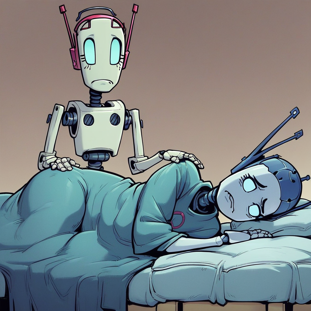 score_8, score_8_up, score_7_up, lo_su_qu, no humans, humanoid robot, standing,  standing, frown, looking down, lying, on side, on bed, under covers