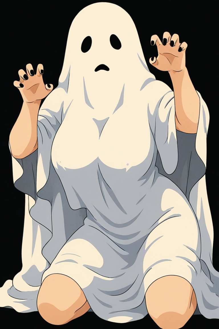 Studio Ghibli style,retro art style,
sheet ghost,solo,ghost costume,1girl,black background,claw_pose,(covered nipples:0.6),big breasts,black nails,kneeling,