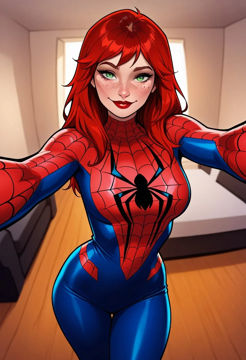 masterpiece, best quality, MJWatson, red hair, green eyes, freckles, red lips, cowboy shot, 1girl, solo, indoors, 1girl, solo, living room, indoors, (spider-man_(cosplay)), looking at viewer, selfie, half smile,