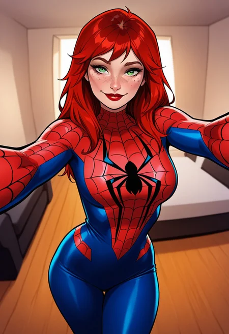 masterpiece, best quality, MJWatson, red hair, green eyes, freckles, red lips, cowboy shot, 1girl, solo, indoors, 1girl, solo, living room, indoors, (spider-man_(cosplay)), looking at viewer, selfie, half smile,