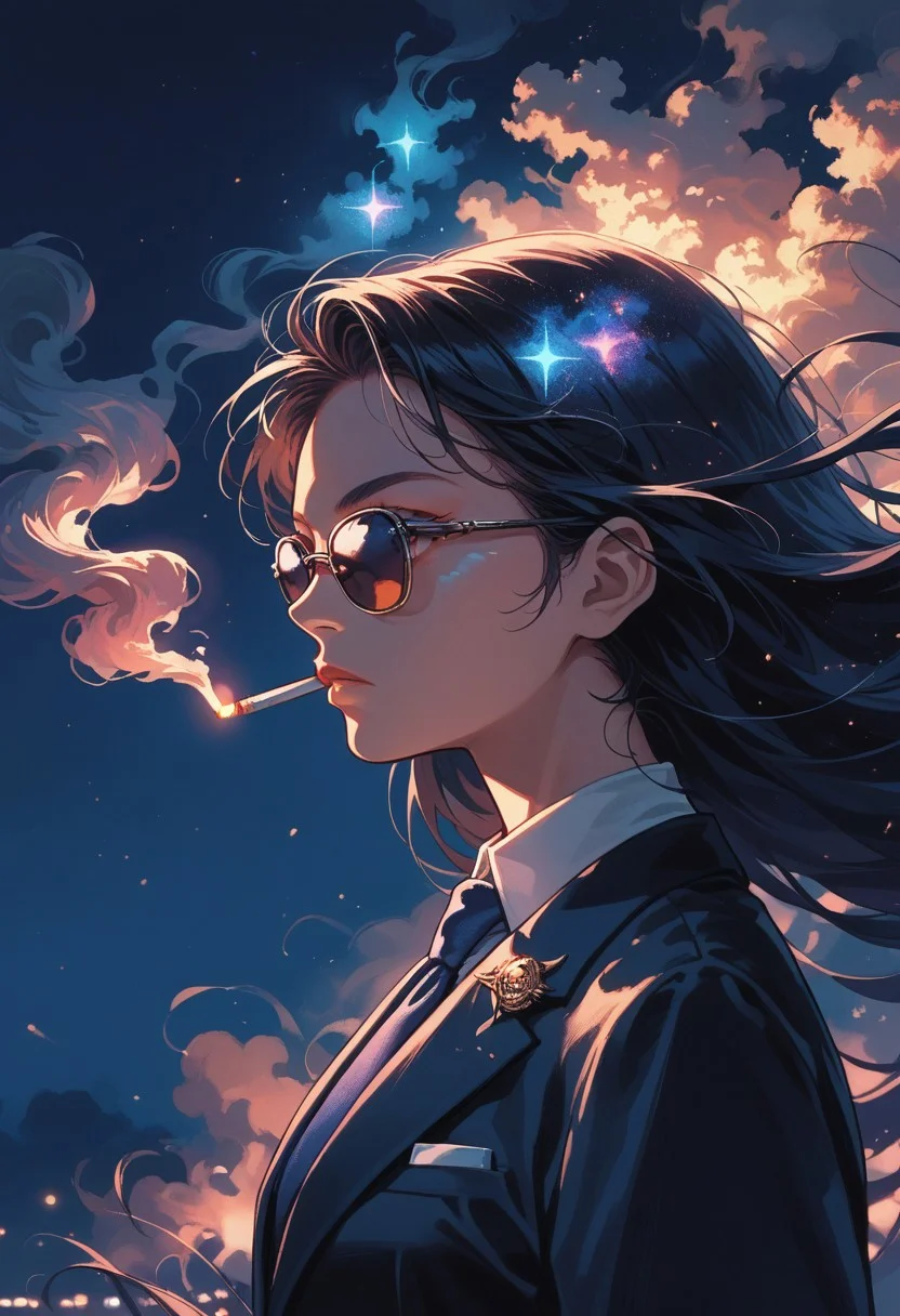 lazyup7, source_anime, 2d, side view, cowboy shot, night, 1girl, eye, sunglasses, reflection, long hair, black hair, wind, cigarette, smoke, suit, tie, galaxy