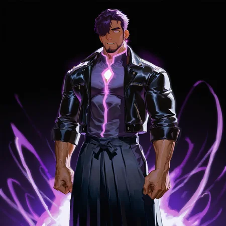 <lora:Reido__Alchemist_Code-000003:.7>, tagatamereido, 1boy, purple hair, purple eyes, hair over one eye, short hair, solo, male focus, manly, mature male, muscle body, bara, earings, knot, shirt, jacket, pants, glowing, long skirt, barefoot, tabi, zouri,
cowboy shot, 
(very short hair, beard, bara, mature, facial hair, stubble, beard, full beard, sideburn, beard, a lot of beard, ), facial hair,male focus, muscular male, muscular male, bara, mature,  bara, mature, aixiwuganda_(20222192), very awa, masterpiece, best quality, absurdres, newest, perfect quality, detailed background, intricate details,
<lora:slider_Body Type_alpha1.0_rank4_noxattn_last:3><lora:Anime Summer Days 2 Style SDXL_LoRA_Pony Diffusion V6 XL:.6><lora:slider_cfg_scale_boost:.7><lora:Artist6p:.55>, Artist6p, Artist04p,<lora:slider_il_brightness_slider_d1:-1><lora:slider_il_contrast_slider_d1:-1><lora:slider_DarkSlider1.2_alpha1.0_rank16_full_300steps:-.6>