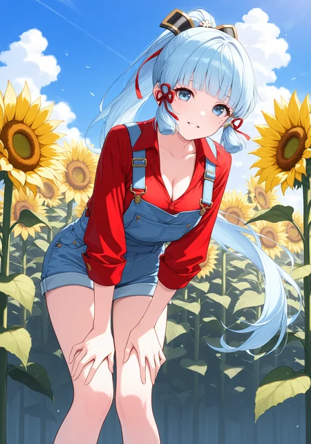 masterpiece, best quality, 1girl, solo, basekamiaya, light blue hair, blunt bangs, mole under eye, ponytail, long hair, hair ribbon, overalls, overall shorts, long sleeves, sunflower field, outdoors, leaning forward, hand on own thigh, blue eyes, hair ornament, red shirt, sunflower, blue sky, cleavage, looking at viewer, parted lips, smile