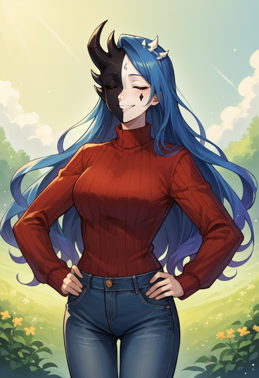 score_9, score_8_up, source_anime, 1girl, solo, KoDLoboCorp, two-tone face, black skin, white skin, asymmetrical horns, closed eyes, teardrop facial mark, long hair, starry hair, tilted crown, outdoors, sweater, ribbed sweater, jeans, hands on hips, smile, <lora:ChamKnightOfDespairPonyXL:1>