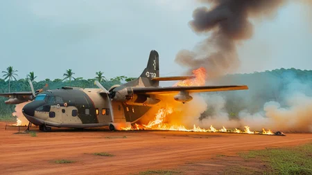 cinematic movie still of crashed (AIR_C123:2) on fire on a dirt airstrip at night, flames and black smoke, viet nam, jungle in background, smoke and fire in the distance, hyperdetailed, shallow depth of field, f1.4, <lora:AC_C123:1>