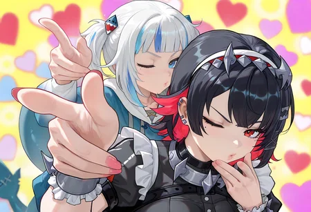 2girls, power of love, gawr gura, ellen joe, zenless zone zero, puckered lips, one eye closed, heart,
<lora:cfg_scale_boost:0.4>,<lora:nai_noob_new_1536:0.4>,<lora:nyaliaXLNBVP1lokrV6311P:0.4>, <lora:illustriousXL_stabilizer_v1.23:0.4>, <lora:power-of-love:1.05>, (masterpiece, best quality, newest, highres:1.3), good quality, very aesthetic, absurdres, newest, very awa,