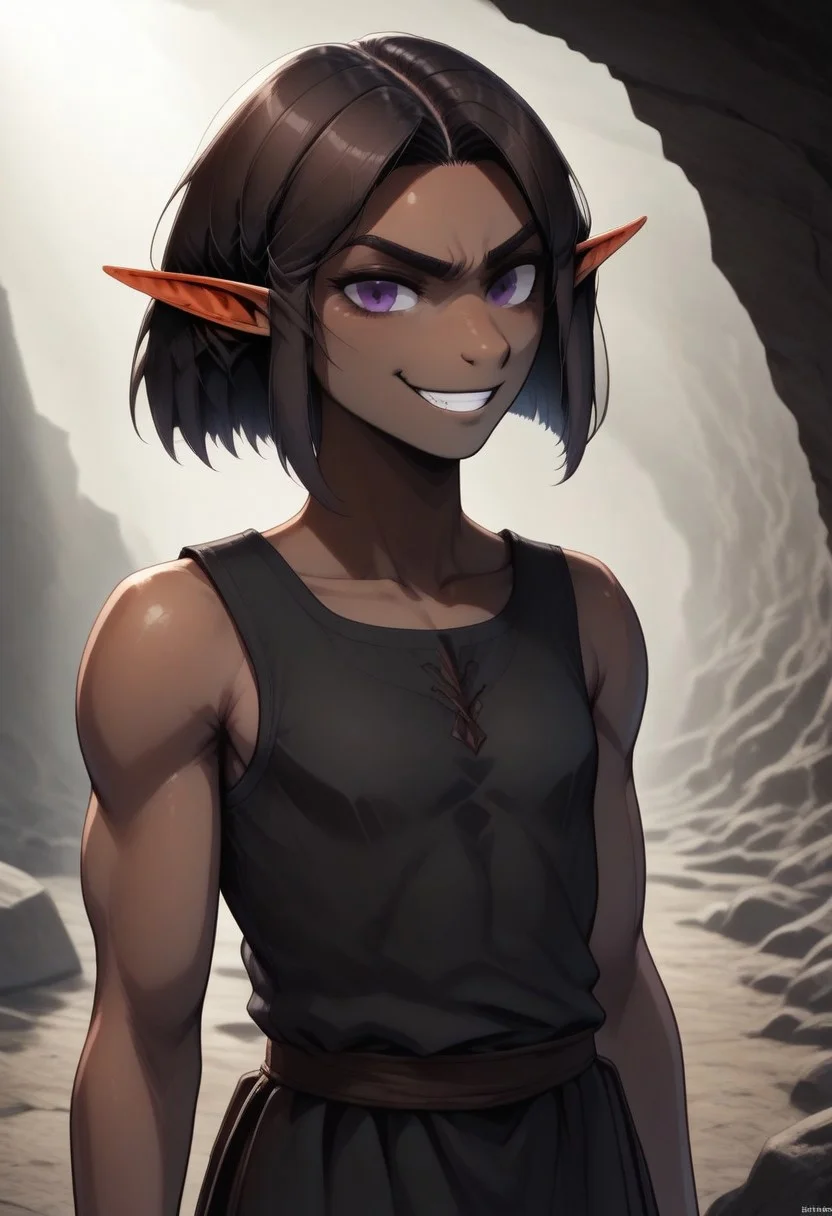 Repeta, 1 person, snout nose, solo, pointy ears, violet eyes, dark skin, dark brown hair, chin-length hair, parted hair, black sleeveless top, close up, cowboy shot, full frontal shot, face focus,
Head tilted back, smirking,
organic cavern background,
Medieval style,
Bordered by rock walls, front view,
Smooth colors, highly detailed face, clean lines, high quality, best quality, masterpiece, score: 9, score: 8 up, rating: safe, source: semi-realistic,