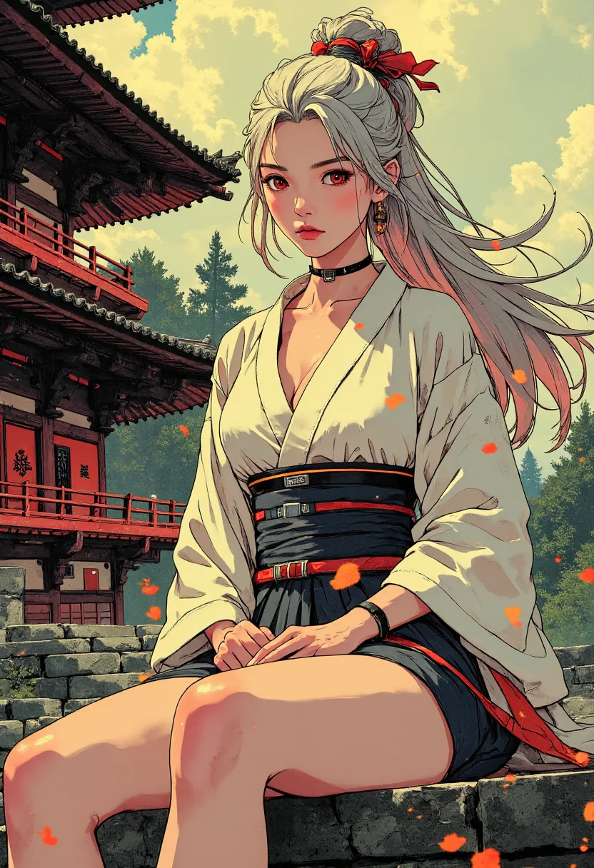 (Ink Style, A stunning illustration in high-quality anime style, stunningly beautiful and cool female samurai, wearing white kimono, her silky-like silver hair flowing the wind, crimson red eyes burn deeply, her gaze piercing like an arrow. sitting with confidently and cool expression, antique japanese temple on her background, extemely detailed, masterpiece, hig quality ), <lora:CPA:0.6>, <lora:Luminous_Shadowscape:0.8>, <lora:9mix:0.6>, <lora:RetroAnimeFluxV1:0.6>
