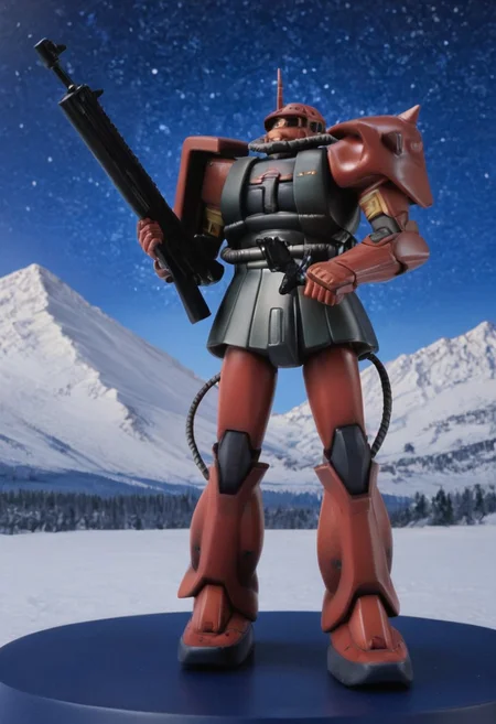 score_9, score_8_up, score_7_up, cowboy shot, side view, BREAK, ( white armor, white zaku, grey zaku, white mech, grey mech, one eye, looking to the side, holding rifle in both hands, ) 3 mechs, mech focus, walking, BREAK, snow, ice, ice mountains, dark blue violet sky, night time, starry sky, Realistic, Relaxed, Moonlit, beautiful detailed supreme quality color intricate, dynamic dramatic beautiful full taking, contemporary fine detail, highly detail, dynamic background, positive emotional, figure, background curving upwards, snow getting kicked up, miniature, pink monoeye,