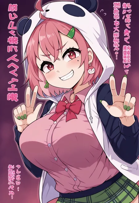 source_anime, rating_safe, BREAK <lora:sakuSasaki_XL-Pony_LoRA-C3Lier_16-16-8-8_AdamW_Un3e-4_Te1.5e-4_10batch:1>, sasaki saku, 1girl, virtual youtuber, pink hair, multicolored hair, short hair, ahoge, pink eyes, green nails, mole under eye, hairclip, earrings, animal hood, panda hood, hood up, two-tone jacket, white jacket, black sleeves, long sleeves, collared shirt, pink shirt, red bowtie, plaid skirt, green skirt,  ,,, ,,,, , ,,,, ,,, ,,, ,, ,, ,, , , ,,huge breasts,5 fingers,, ,,,,,,,,,,,,Both hands Peace , grin