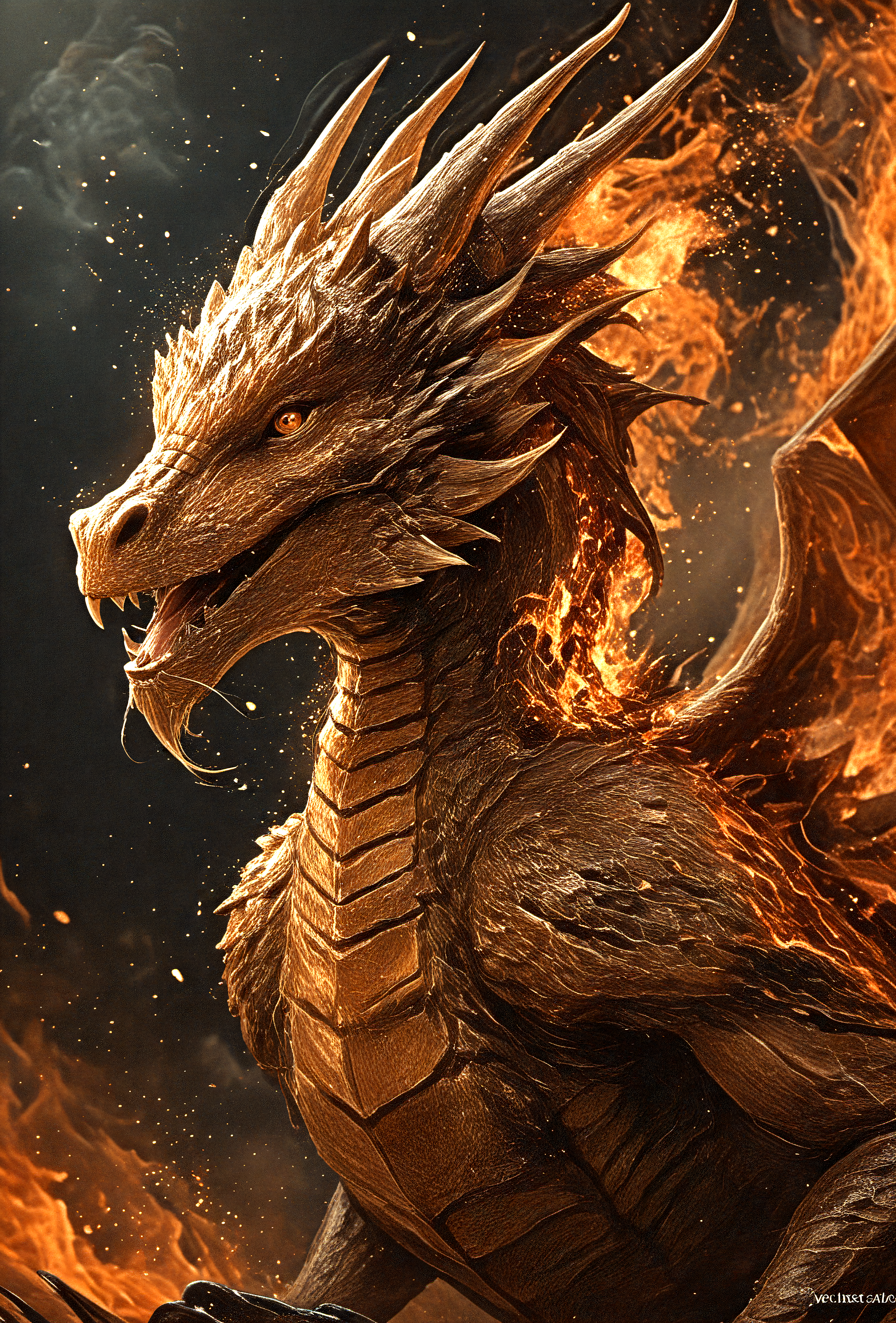 the mighty dragon rises on wings of fire.  It lives in an alternate universe, background is dark adding vivid contrast to the dragon's bright skin, hyperdetailed, intricate textures, glow effects