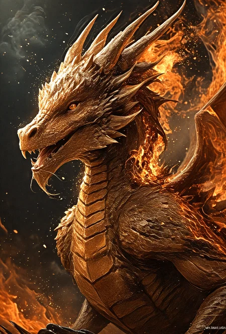 the mighty dragon rises on wings of fire. It lives in an alternate universe, background is dark adding vivid contrast to the dragon's bright skin, hyperdetailed, intricate textures, glow effects