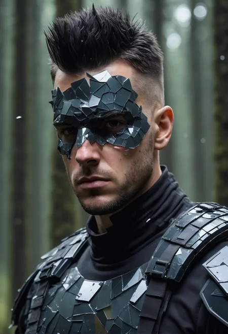 Quality photo of a 25 year old (handsome:1.5) German man (wearing elite soldier uniform Made_of_pieces_broken_glass:1.26), Mohawk black hair, (Aggressive facial expression:1.1), Angular chin, (Muscular:1.4), (Soul patch:1.21), (Prominent wide nose:1.7), Detailed skin, Body hair, Nighttime Forest background <lora:Made_of_pieces_broken_glass:0.85> <lora:add-detail-xl:1.45>