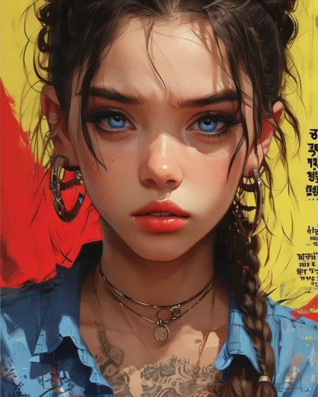 (poster art:1.5),
(dynamic angle, dutch angle:1.2, depth of field:1.3), (intricate details),
<lora:Poster_XL:1>,
1girl, black eyes, black hair, blue eyes, braid, brown background, close-up, collared shirt, dark-skinned female, earrings, lips, looking at viewer, midriff, necklace, parted lips, portrait, red eyes, ring, round eyewear, solo, tattoo, yellow background