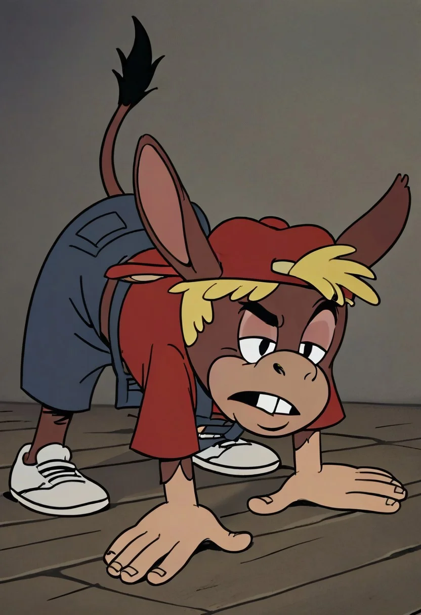 (score_9 | score_8_up | score_7_up) ((masterpiece:1))(best quality,very high quality,ultra detailed:1.2) (2D,cartoon style,anime style)(Smooth:2)(clean blurring) (four fingers on each hand,one thumb on each hand:1), Leif Loud, solo, 1boy, Blonde hair, missing teeth, red baseball cap facing backwards, blue overalls, white shoes, Full Donkey, half donkey, donkey head, donkey ears, donkey tail, all fours