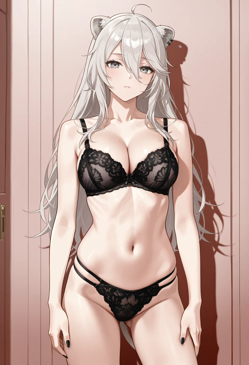 solo, 1girl, lace lingerie, see-through,black bra, black panties, shishiro_botan