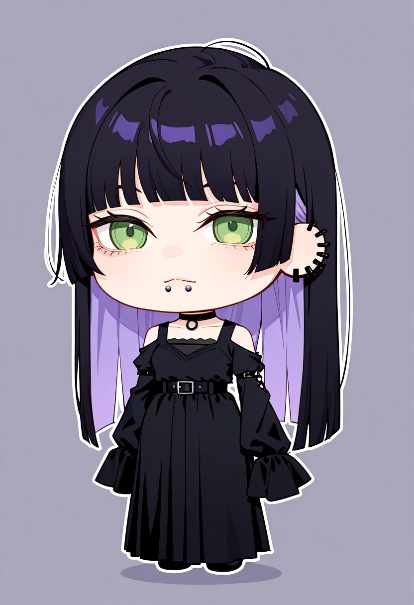 sadeer, chibi, character portrait, solo, 1girl, ear piercing, lip piercing, chin piercing, colored inner hair, black hair, purple hair, hime cut, blunt ends, medium bangs, green eyes, long dress, black dress, shoulder cutout, sleeves past fingers, black choker, bare shoulders, black sleeves, choker, clothing cutout, detached sleeves, dress, gothic, shoulder cutout, sleeves past wrists, very long sleeves