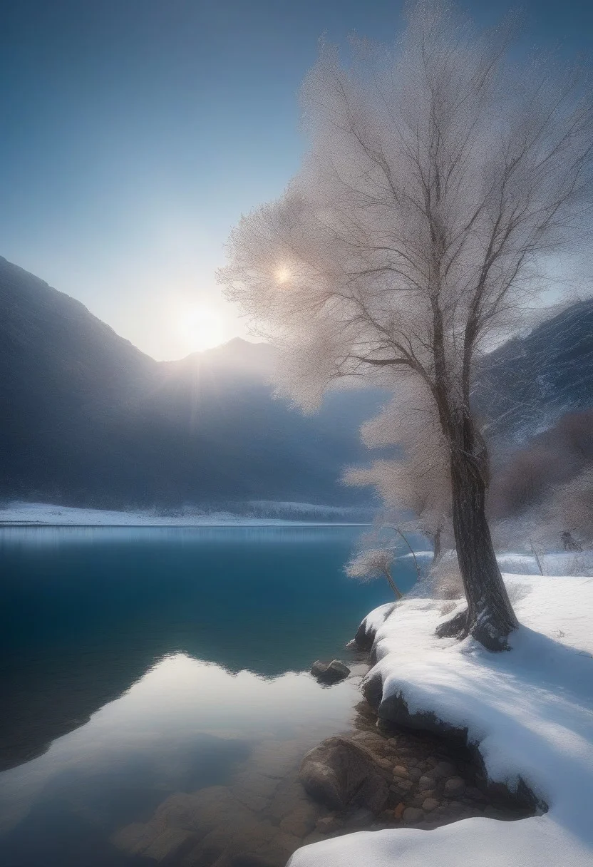 Winter scenery, winter lake, quiet lake, tree on the shore of a lake, beautiful lake reflecting beautiful mountains, dappled sunlight, diamond dust, sunlight, blue sky, day, beautiful view, mysterious glow, beautiful clouds, depth of field, masterpiece, best quality, 8k, ultra-detailed, very aesthetic, superb composition, finest details, intricate details, absurdres, high contrast,